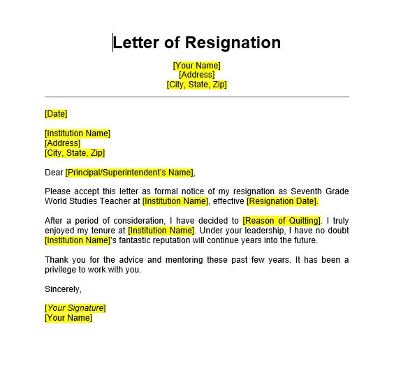 Letter Of Resignation Teacher Sample from www.edusys.co