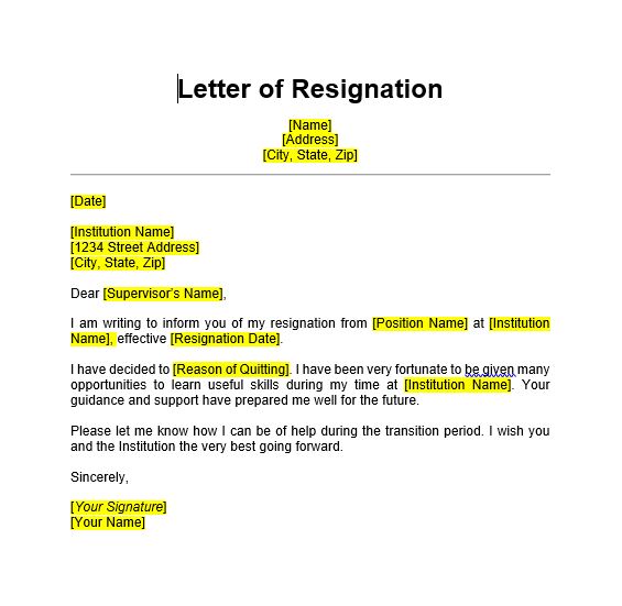 Sample Teacher Resignation Letter Example 3