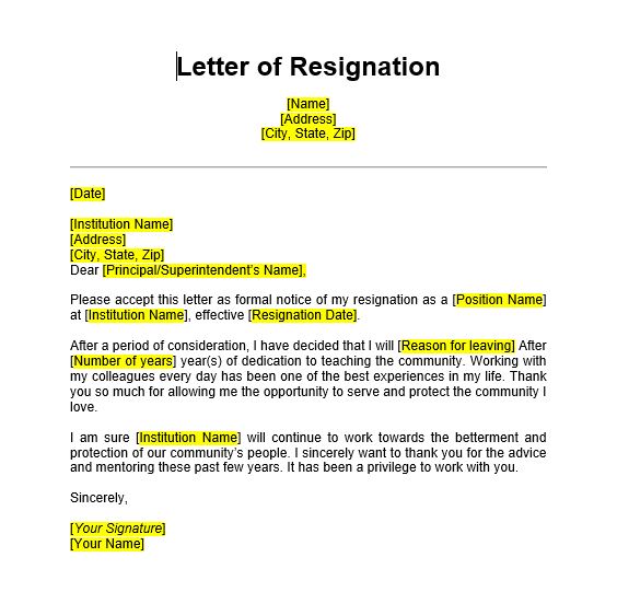Sample Teacher Resignation Letter Example 4
