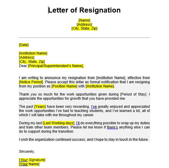 Sample Teacher Resignation Letter Example 5