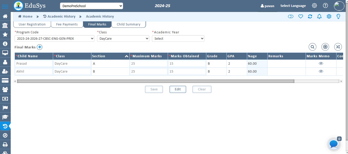 Pre-School Academic History