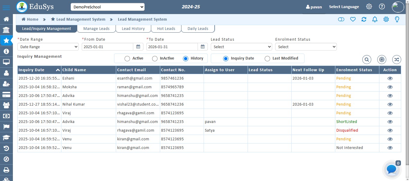 Pre-School Inquiry Management